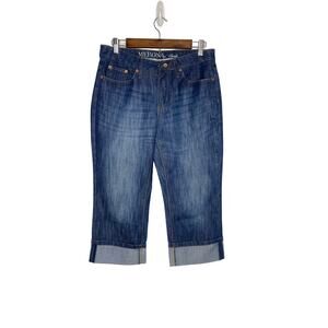 women's size 8 blue jeans denim cropped length roll up look classic denim Merona
